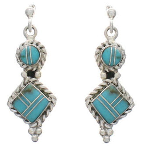 Turquoise Inlay And Silver Post Dangle Earrings FX31044